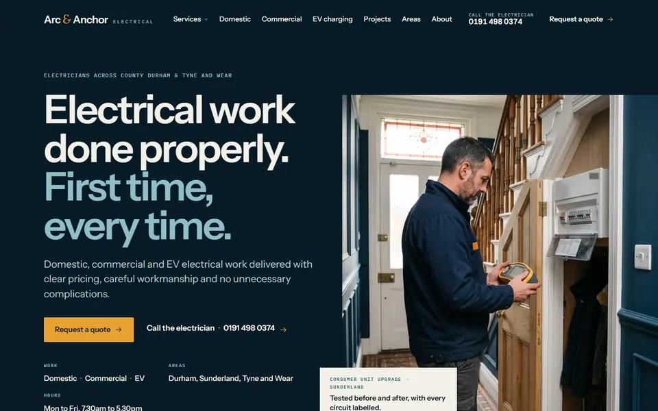 Arc & Anchor Electrical website on desktop