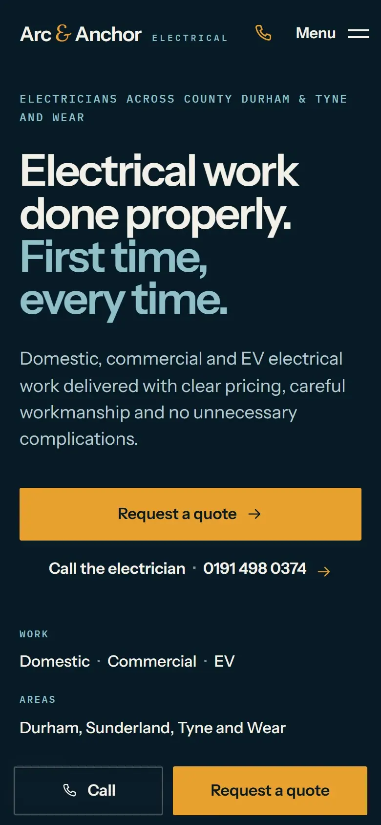 Arc & Anchor Electrical website on a phone