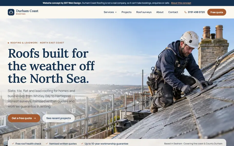 Durham Coast Roofing website on desktop