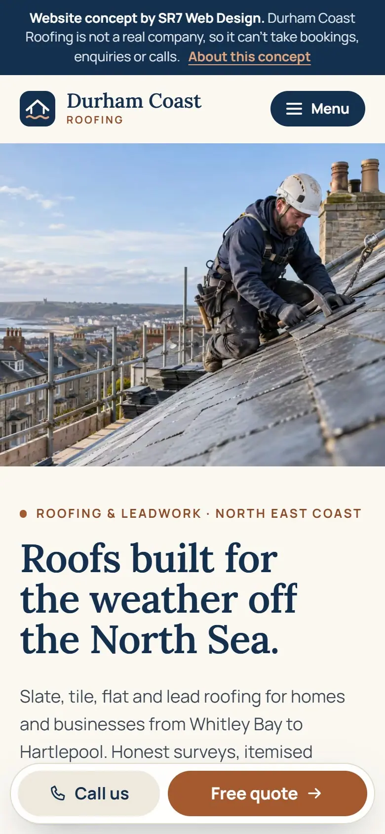 Durham Coast Roofing website on a phone
