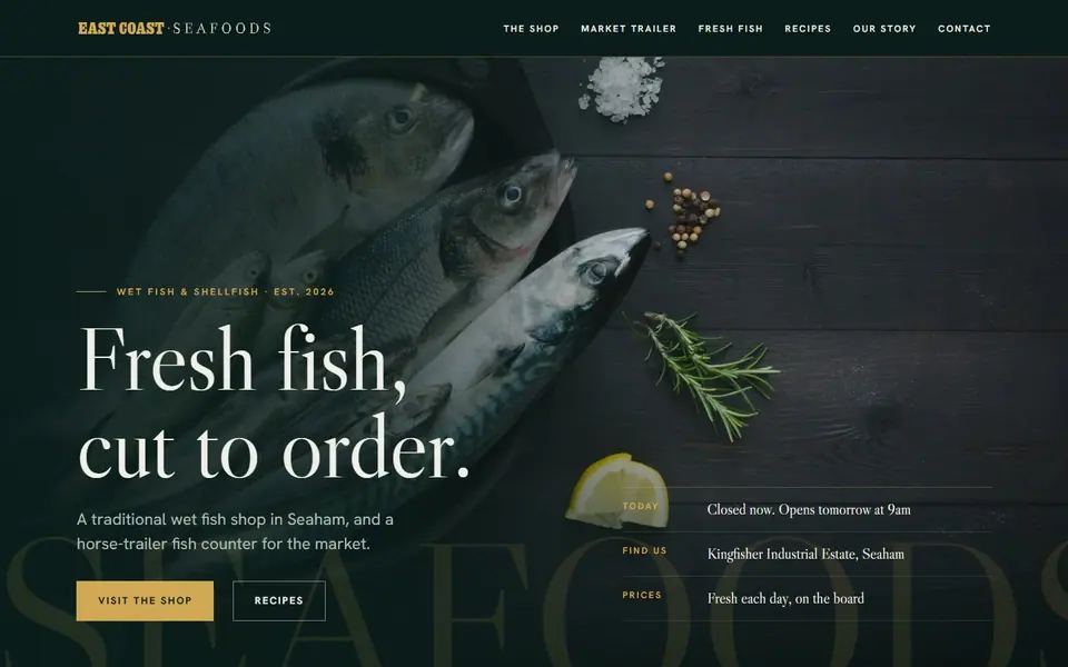 East Coast Seafoods website on desktop