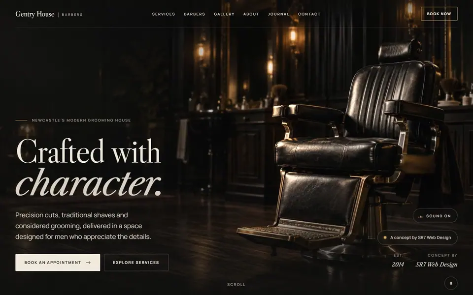 Gentry House Barbers website on desktop
