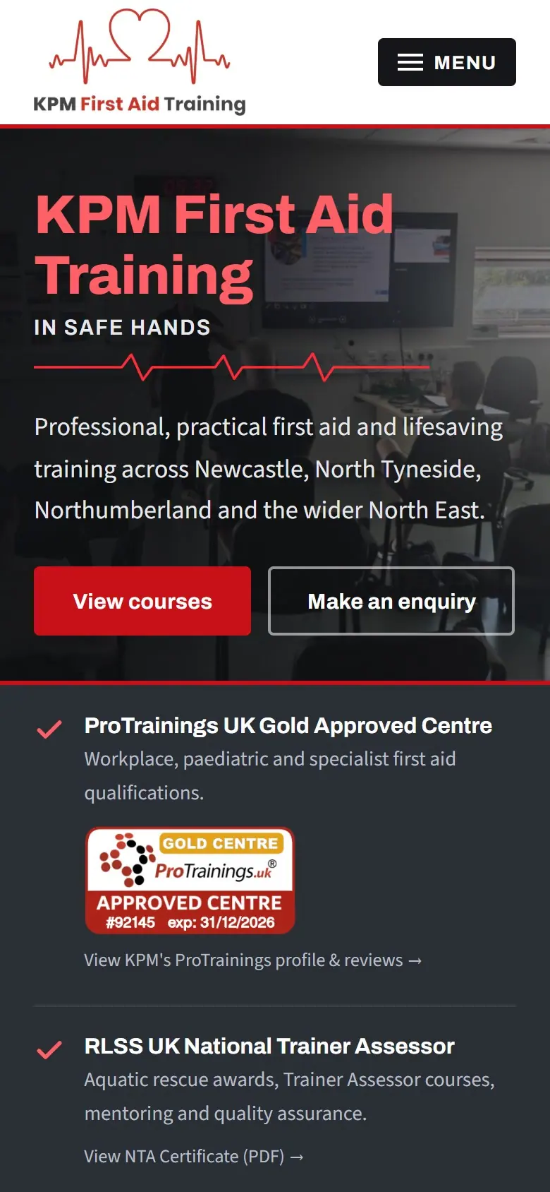 KPM First Aid Training website on a phone