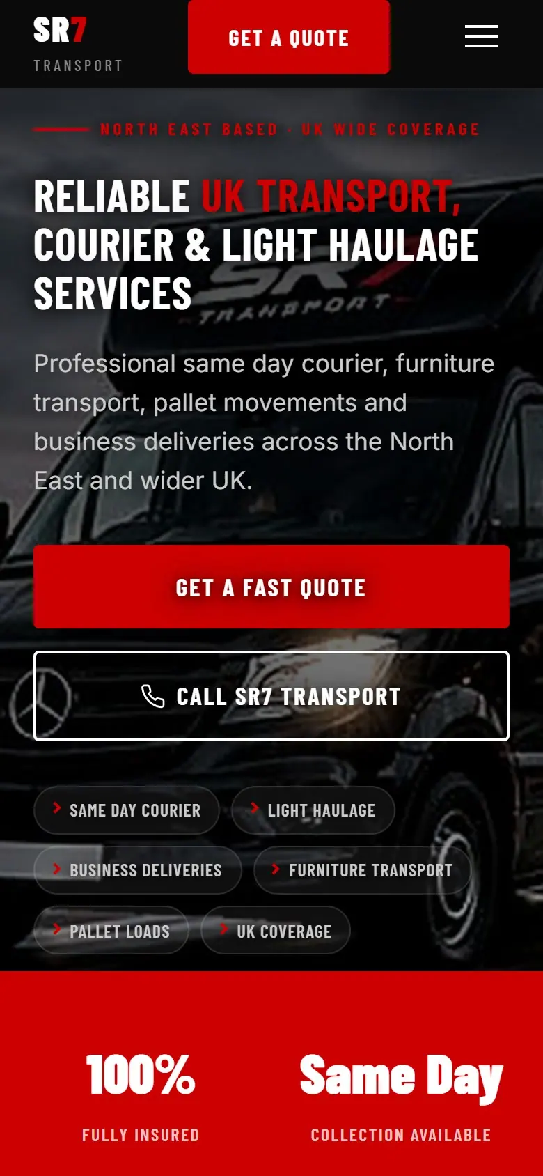 SR7 Transport website on a phone