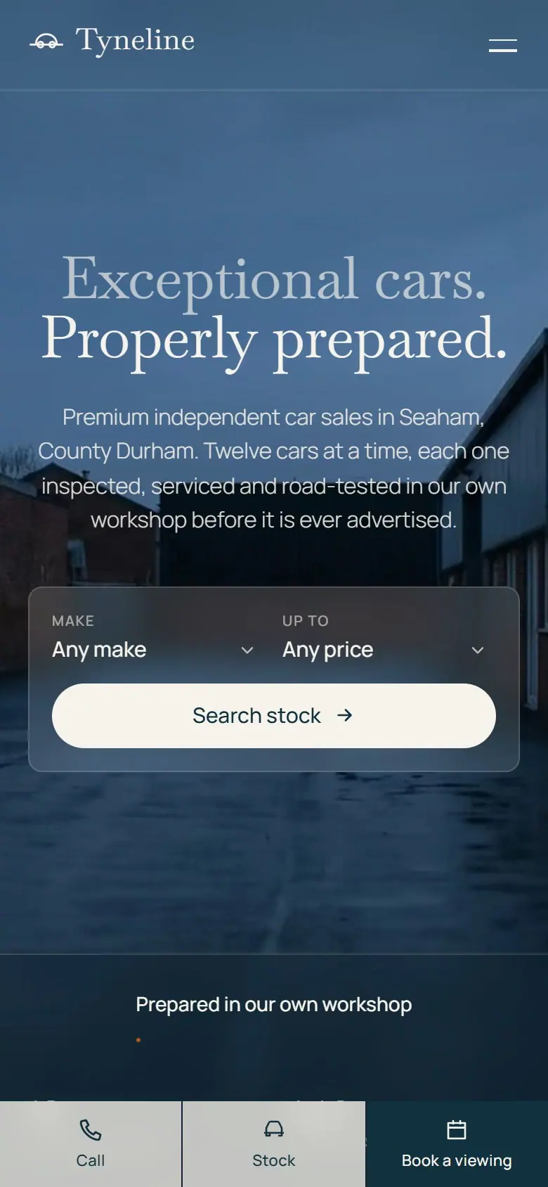 Tyneline Automotive website on a phone