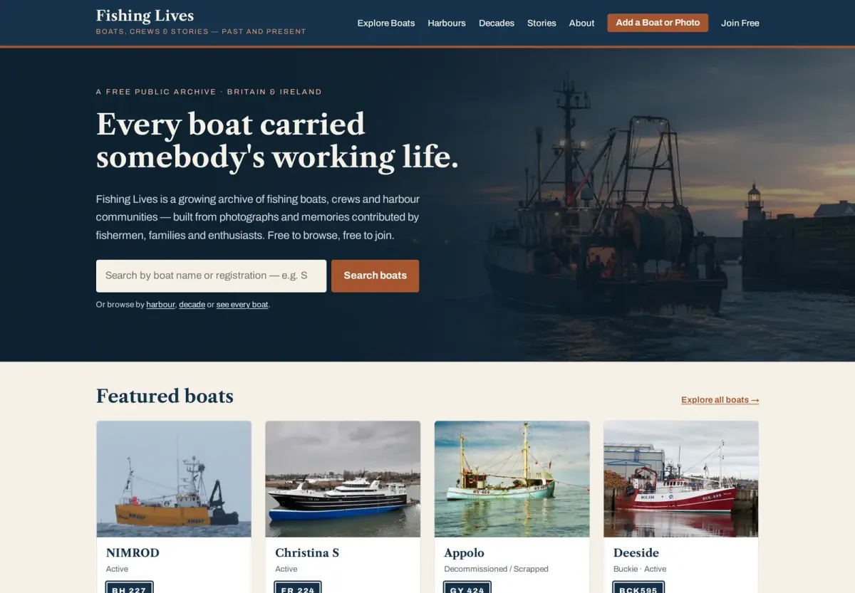 The Fishing Lives archive homepage on desktop
