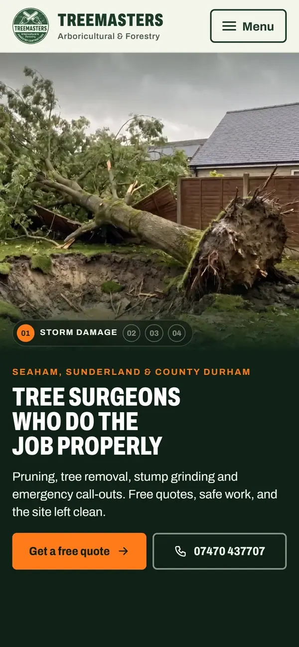 Treemasters website on a phone, showing the storm-damage scroll film with the heading and quote buttons below it