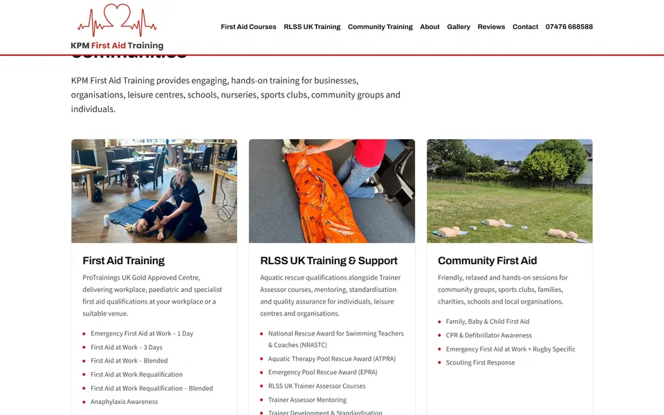 A page from the rebuilt KPM First Aid Training website