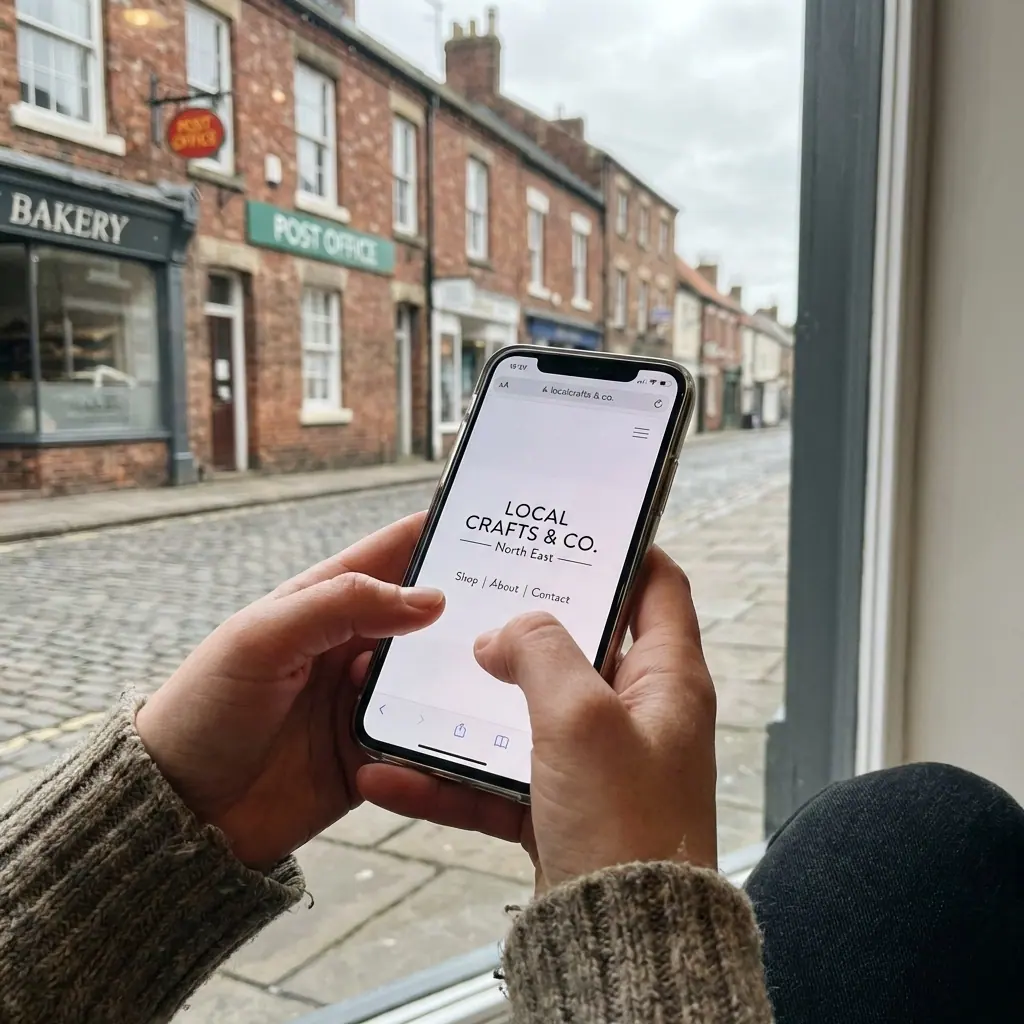 Hands holding a smartphone with a business website, set against a North East England high street, showing local web design focus.