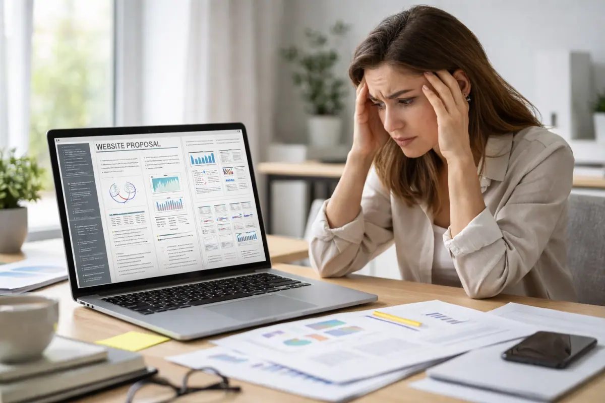 Frustrated small business owner in Sunderland reviewing an expensive web design agency proposal