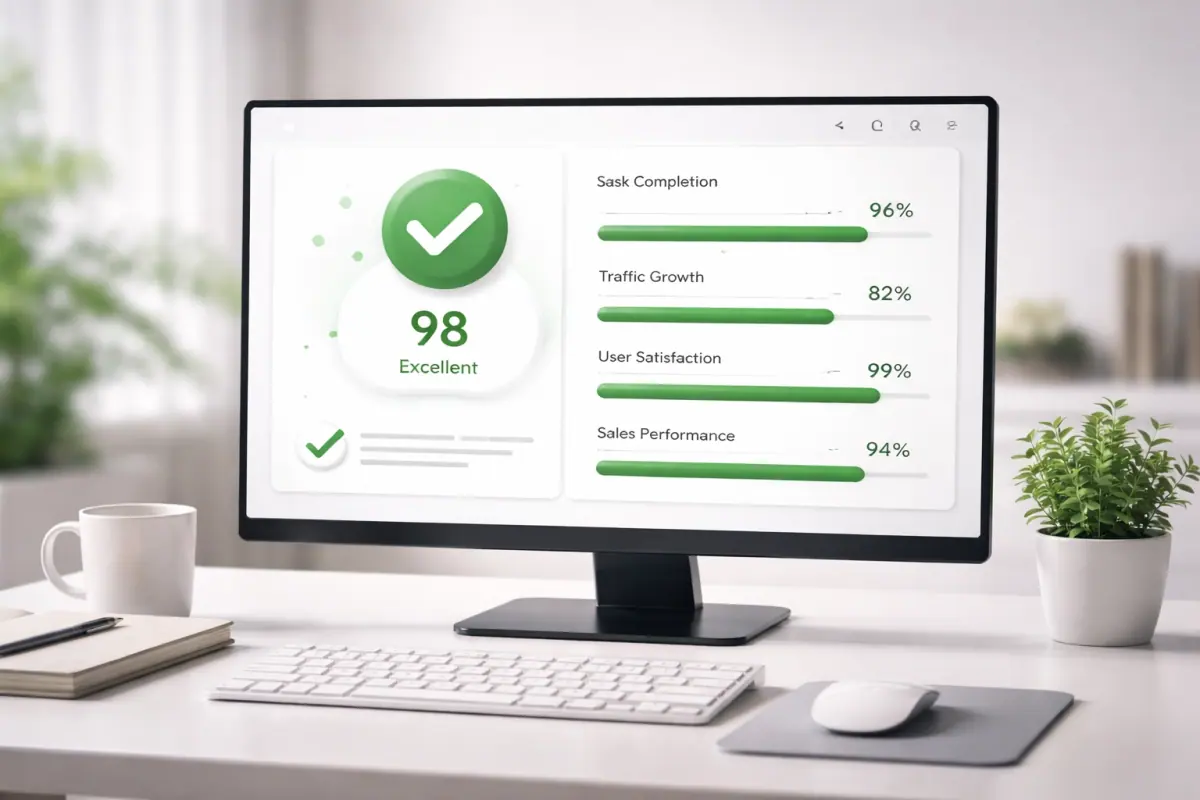 Desktop monitor with high web performance scores, emphasizing professional website optimization success for businesses.