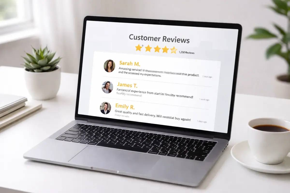 Modern laptop on a desk displaying five-star customer reviews, highlighting trust for North East business websites.