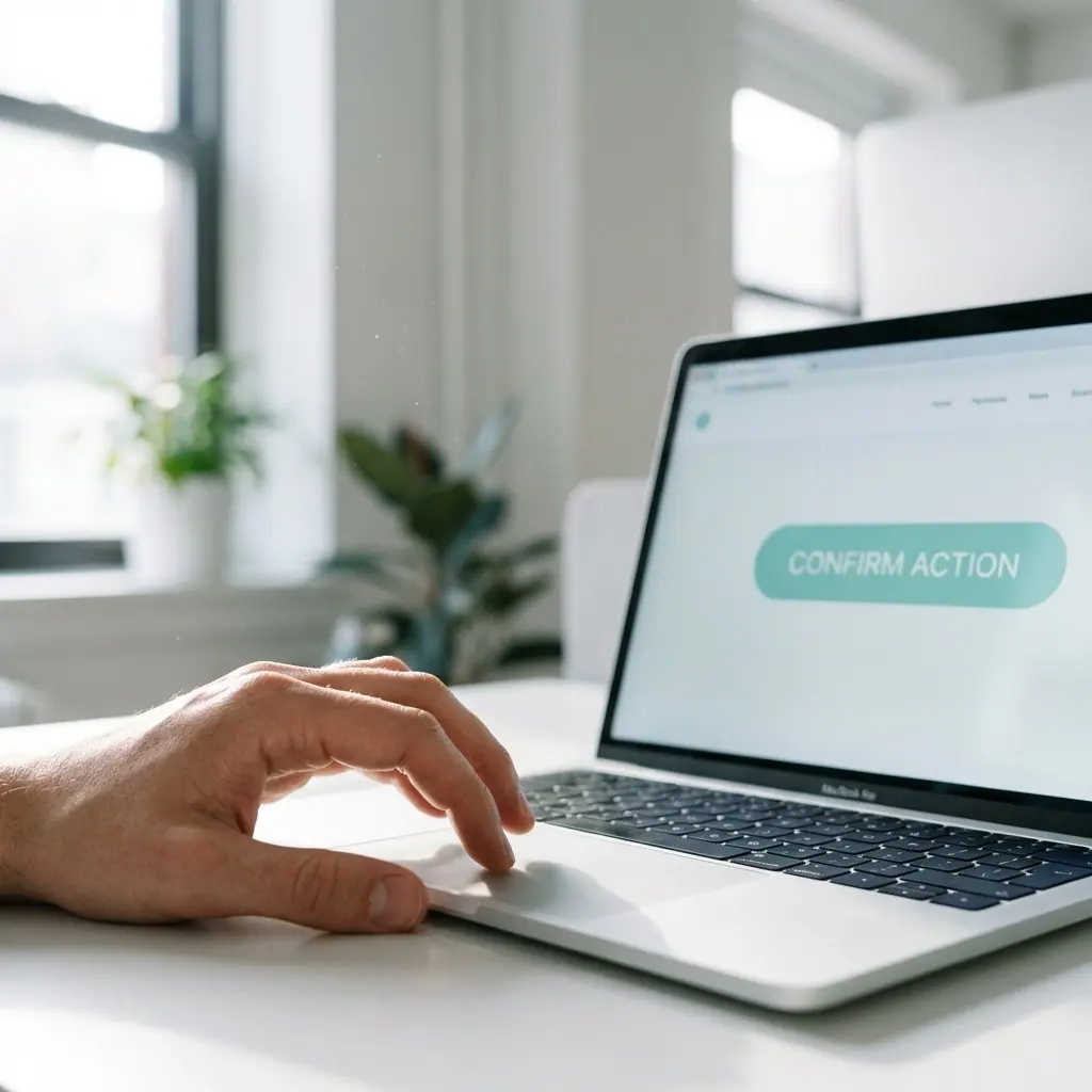 Hand about to click call-to-action button on modern website, demonstrating conversion for small businesses.