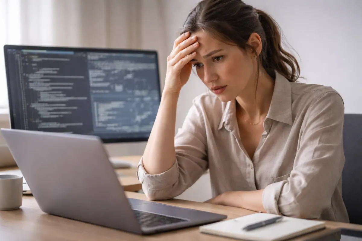 Frustrated small business owner overwhelmed by confusing website jargon at a desk in a modern office setting