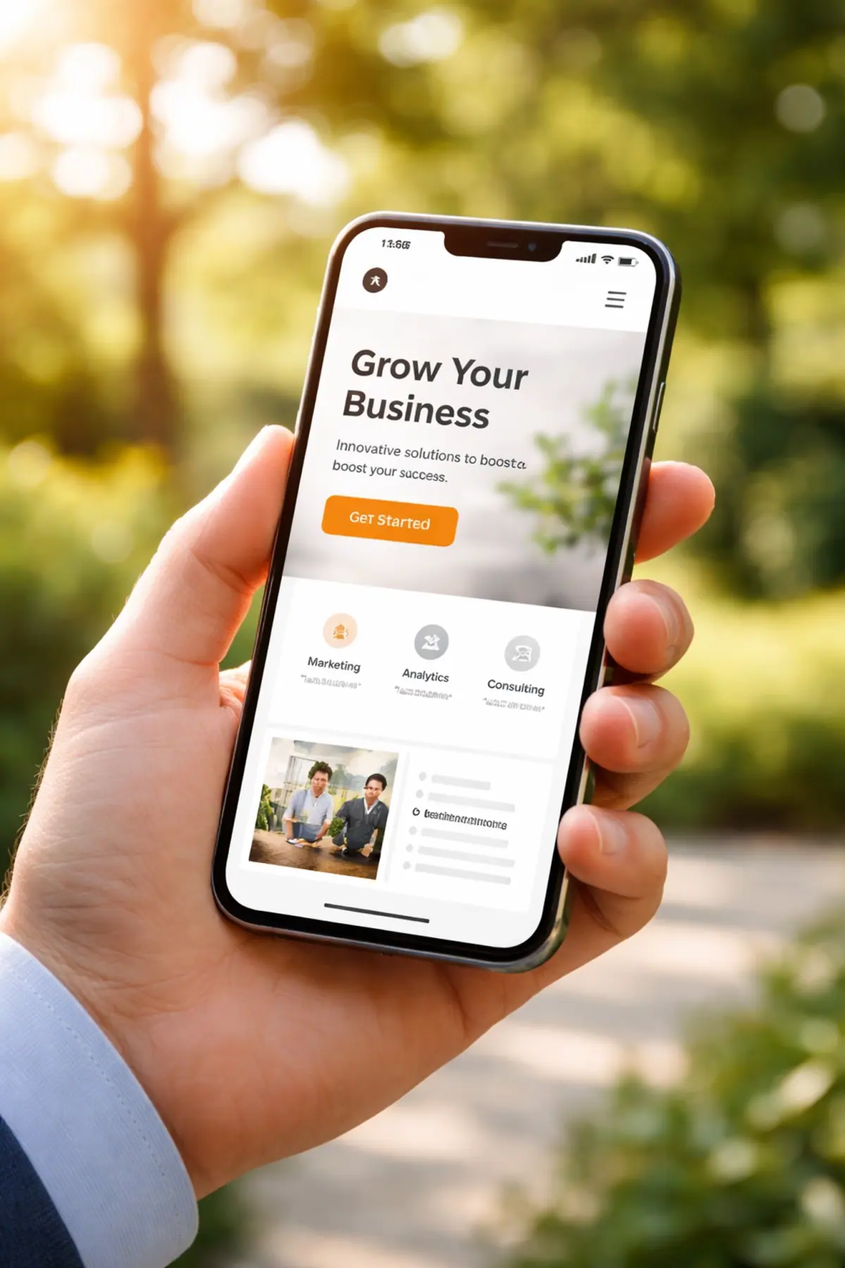 Hand holding a smartphone with a fast-loading website outdoors, representing mobile-friendly web design for local businesses.