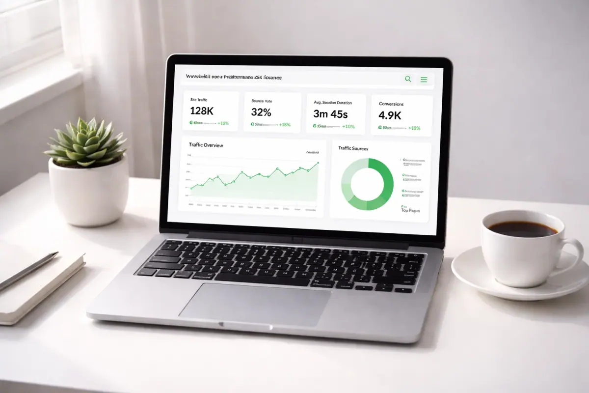 Website performance dashboard on a modern laptop showing high audit scores for North East web design.
