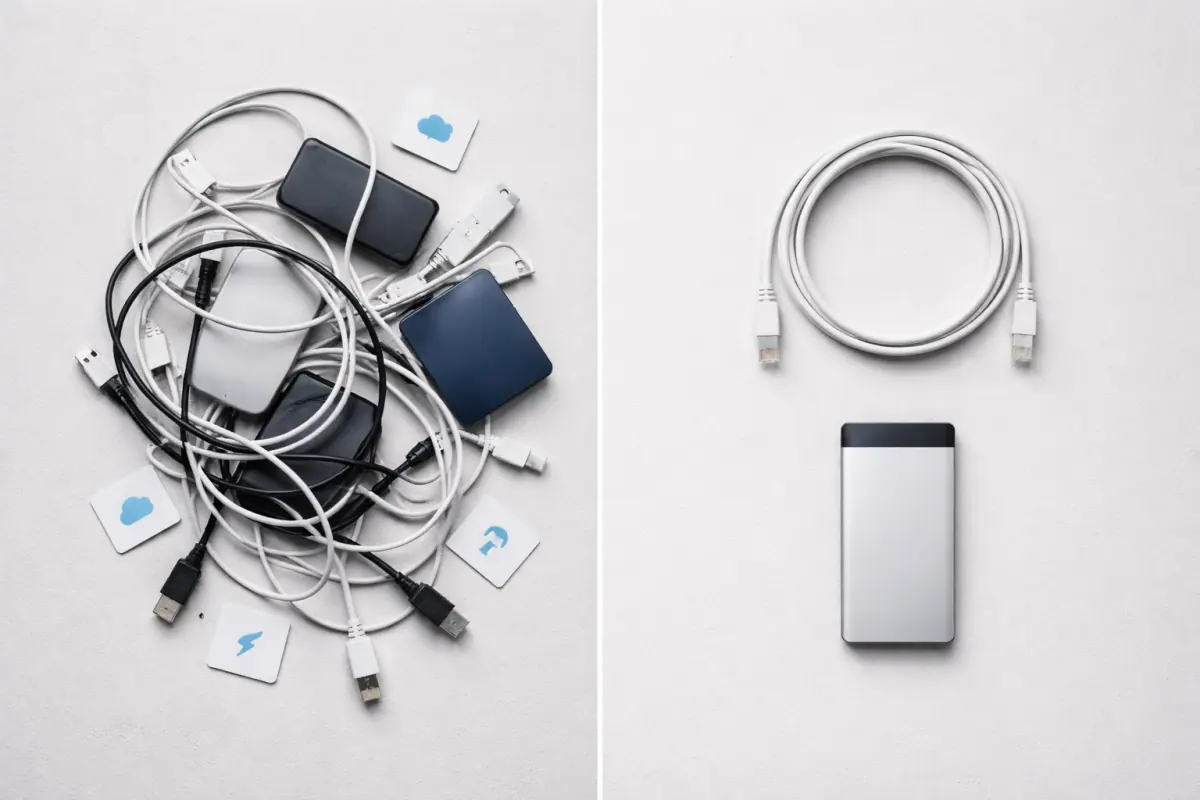A comparison of messy versus organized tech setups, illustrating website bloat versus streamlined optimization.