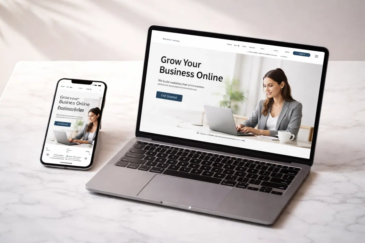 Mobile phone and laptop with matching modern web design, highlighting responsive websites for North East businesses