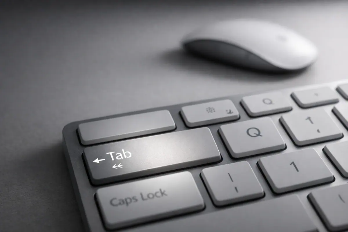 Keyboard navigation test with Tab key highlighted and mouse disconnected for accessibility
