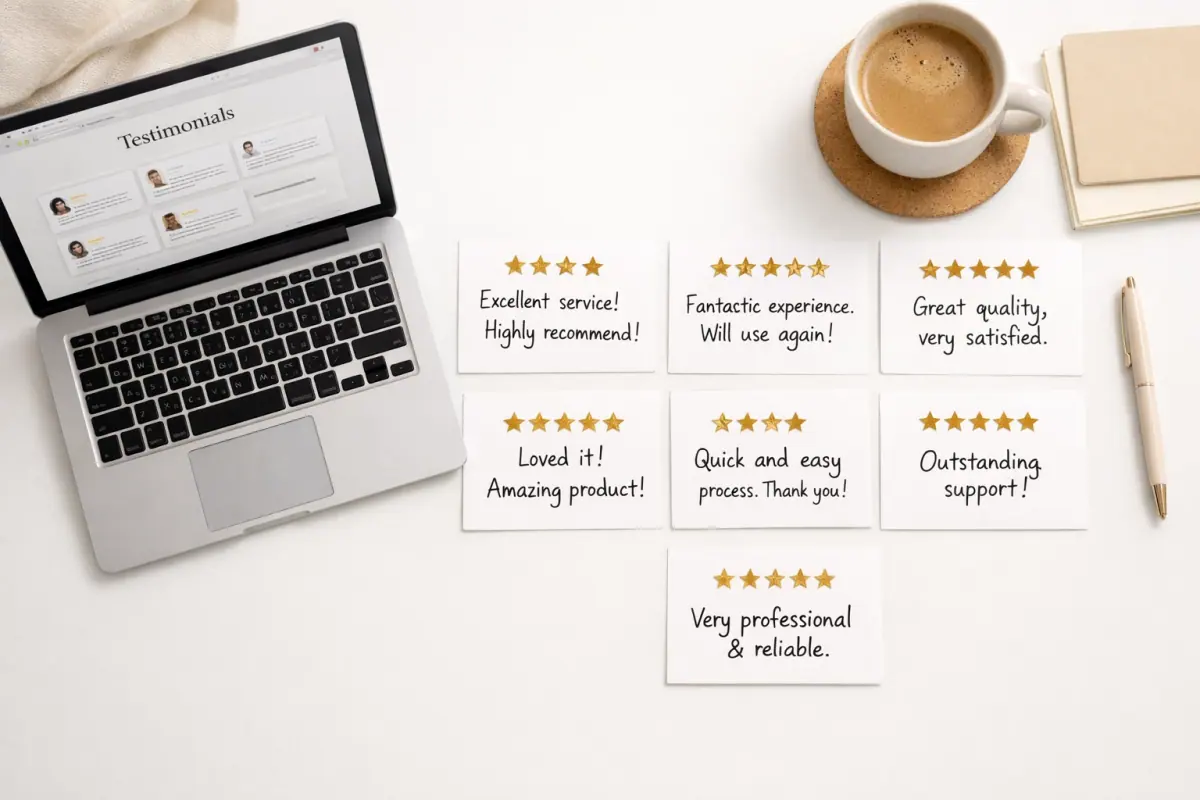 Customer testimonial cards and laptop displaying genuine reviews for small business website