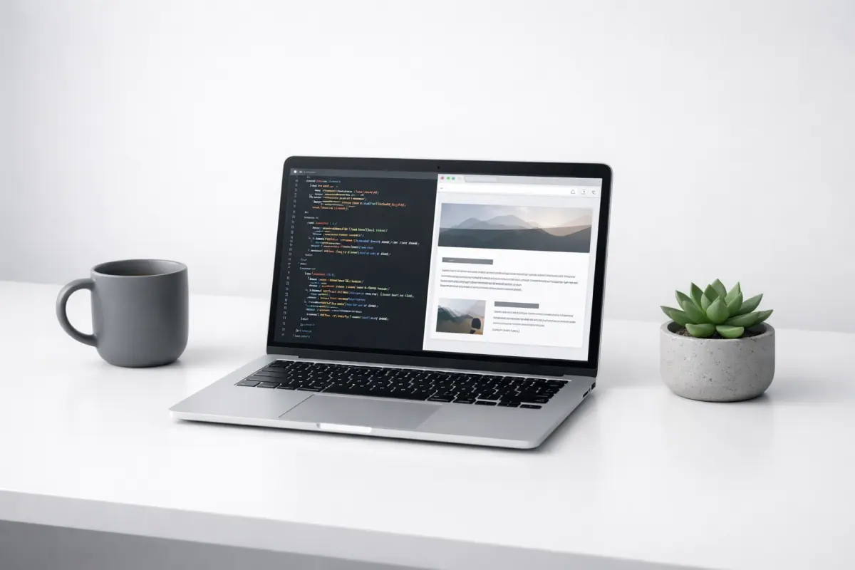 Minimalist office desk with a laptop showcasing professional web design Seaham services for small business owners.