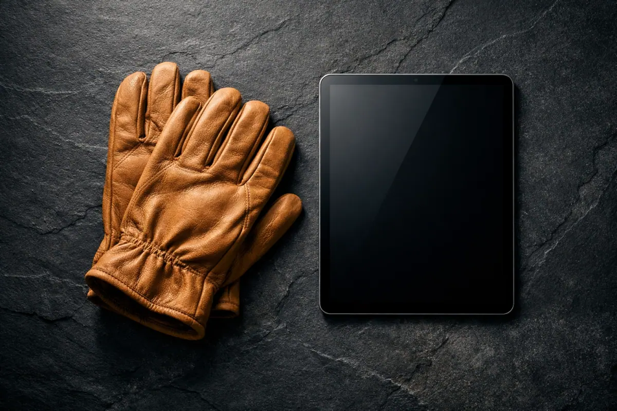 Leather work gloves and a digital tablet showcasing the mix of local experience and professional web design.