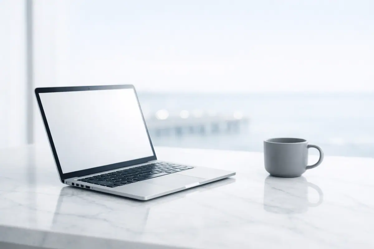 A modern workspace with a laptop overlooking a coastal view, representing fast web design for SR7 businesses.