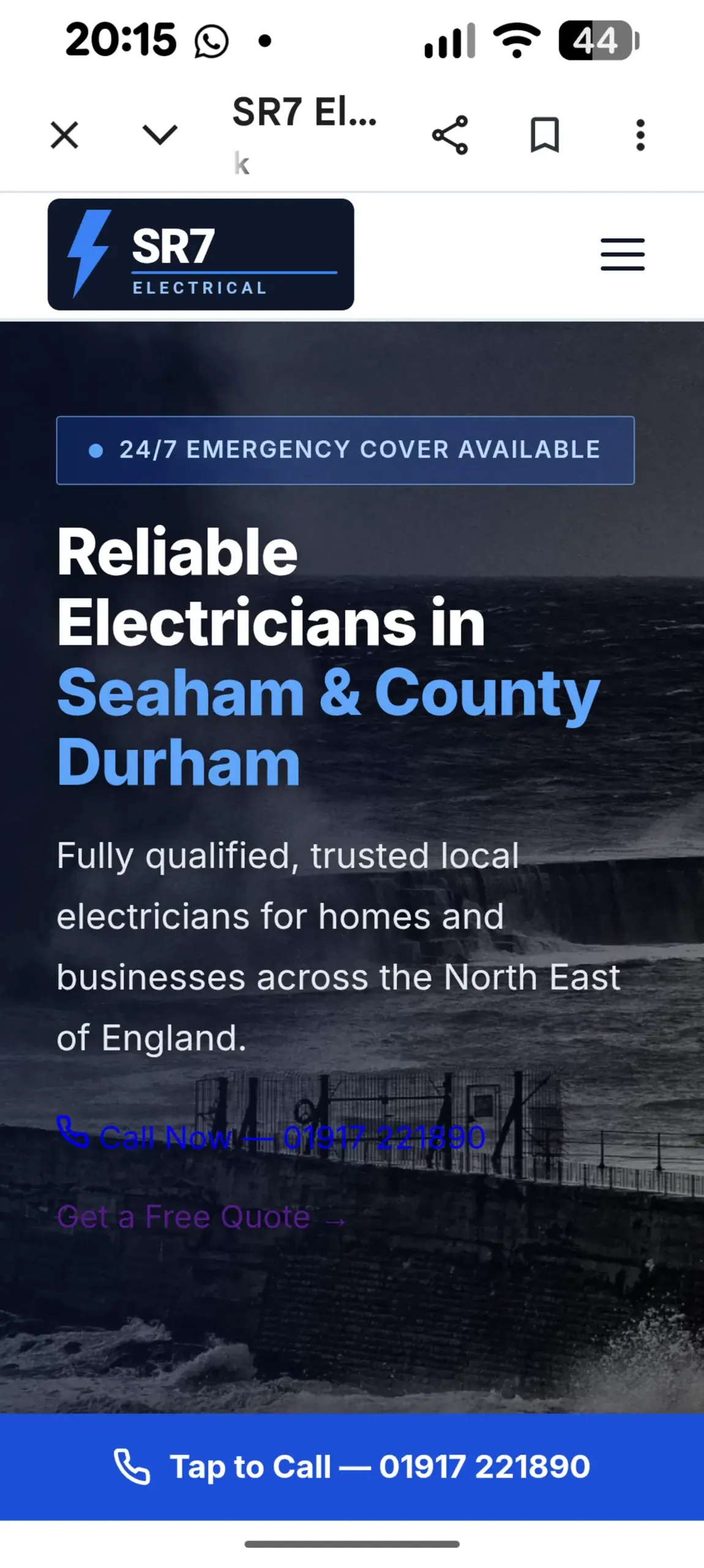 A mobile-optimised website example for an electrician, showing clear buttons and fast loading times.