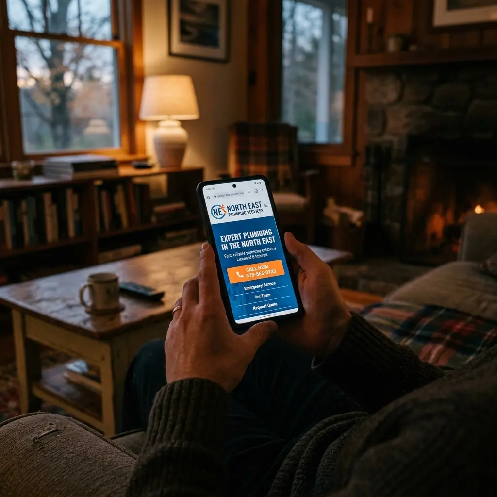 A person holding a smartphone showing a professional trade website with a 'Call Now' button.