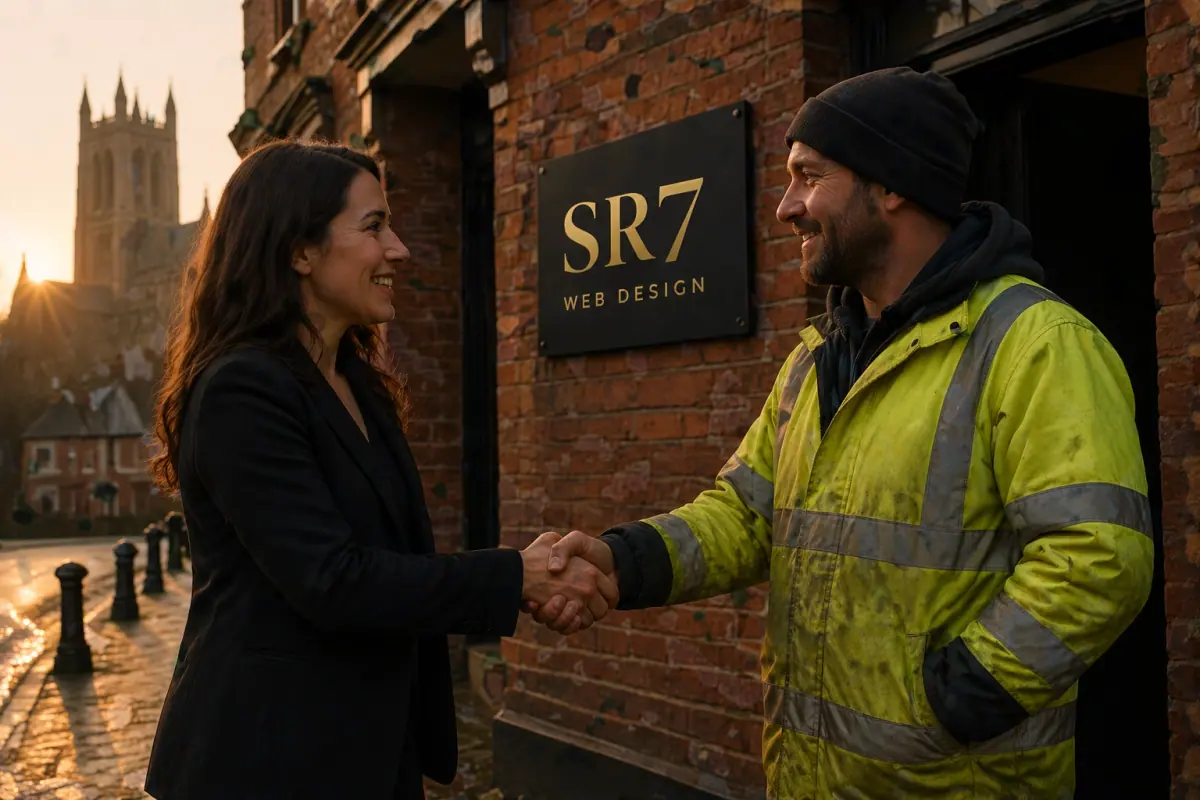 A local web designer and a tradesperson shaking hands in Durham, symbolising partnership and trust