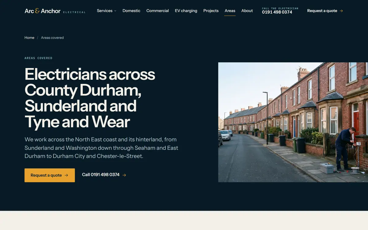 The Arc & Anchor areas covered page, listing Sunderland, Durham, Seaham, Washington and Chester-le-Street with a photograph of a Sunderland terraced street