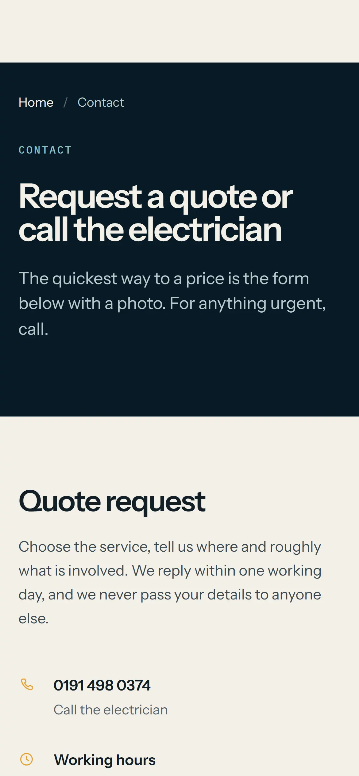 The Arc & Anchor quote form on a phone, with underlined fields for service, postcode, property type and job description