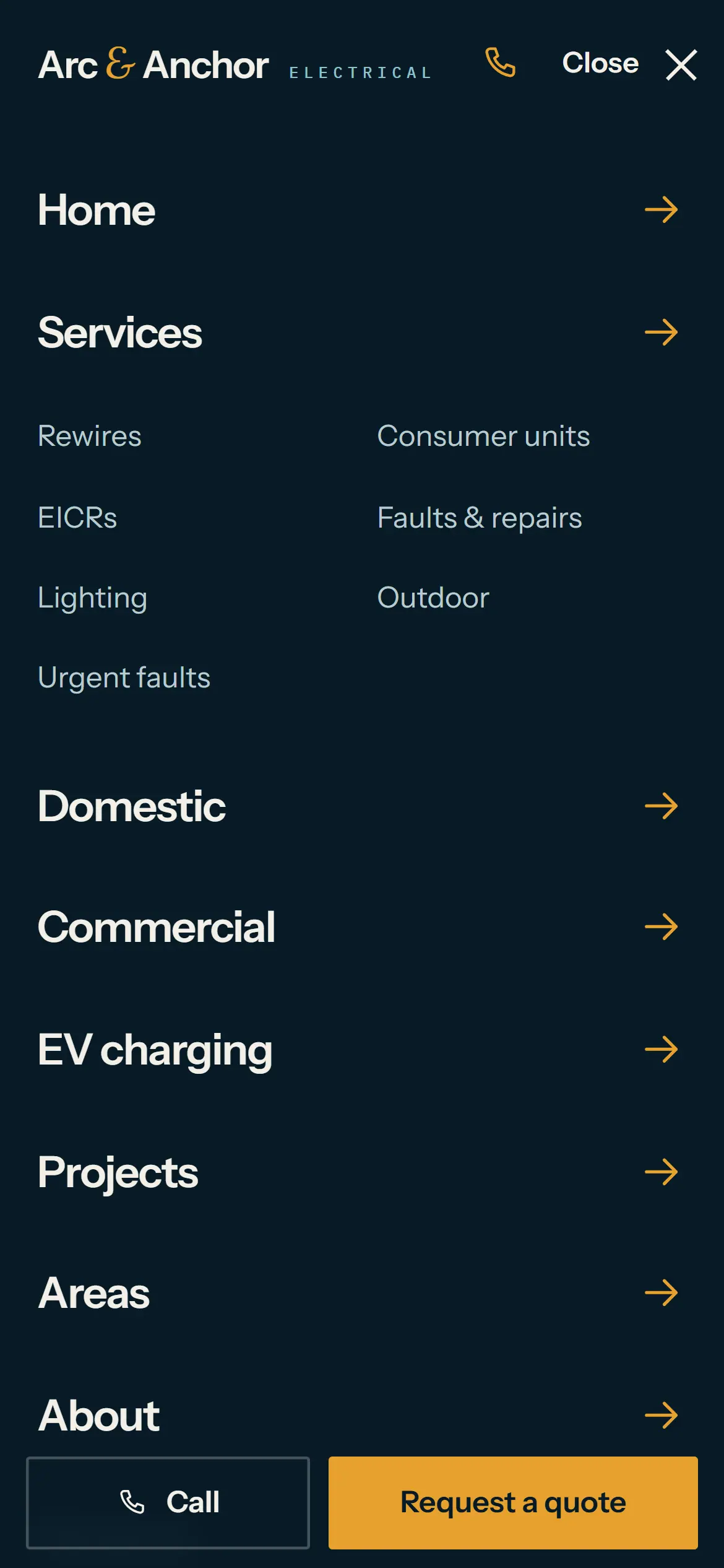 The Arc & Anchor mobile menu, with large links, a services list and quote and call buttons at the foot