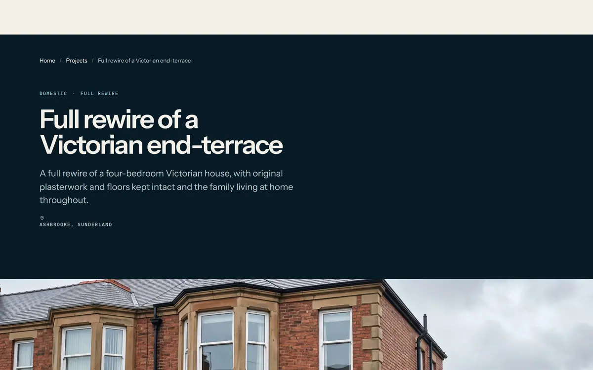 The Arc & Anchor project case study for a Victorian rewire, showing an offset gallery of first fix, finished room and new consumer unit photographs