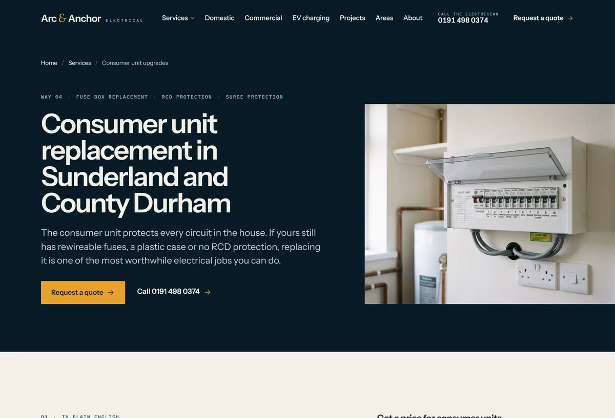 The Arc & Anchor consumer unit upgrades page: a large headline, a photograph of a newly fitted consumer unit, and a quote panel beside the explanation