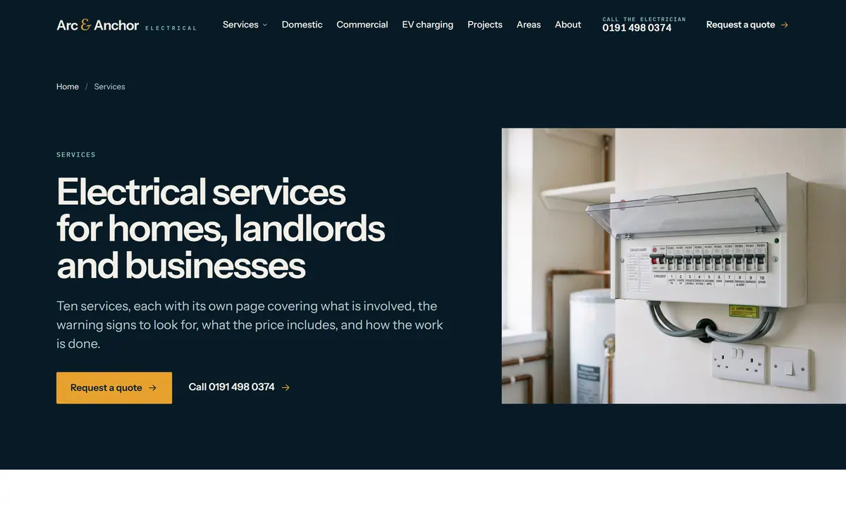 The Arc & Anchor services page: a dark page head with a photograph of a consumer unit, above a typographic list of ten numbered services