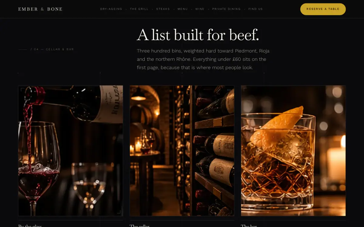 The cellar and bar section: A list built for beef, with photographs of wine being poured, the cellar racks and a cocktail