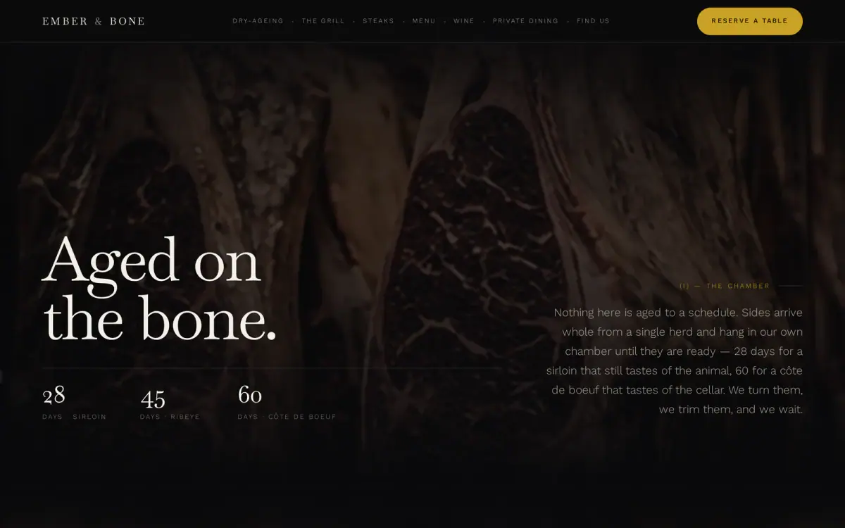 The dry-ageing chapter: Aged on the bone, with 28, 45 and 60-day counts over a dark photograph of beef hanging in the chamber