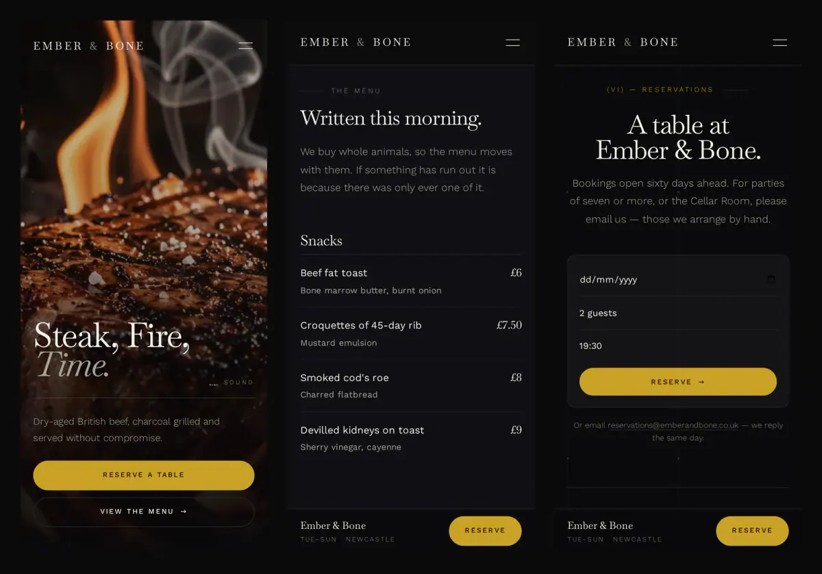 Three Ember & Bone screens on a phone: the hero, the menu and the reservation form