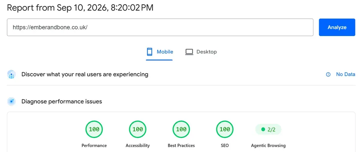Google PageSpeed Insights report for emberandbone.co.uk on mobile, 10 September 2026: 100 for Performance, Accessibility, Best Practices and SEO