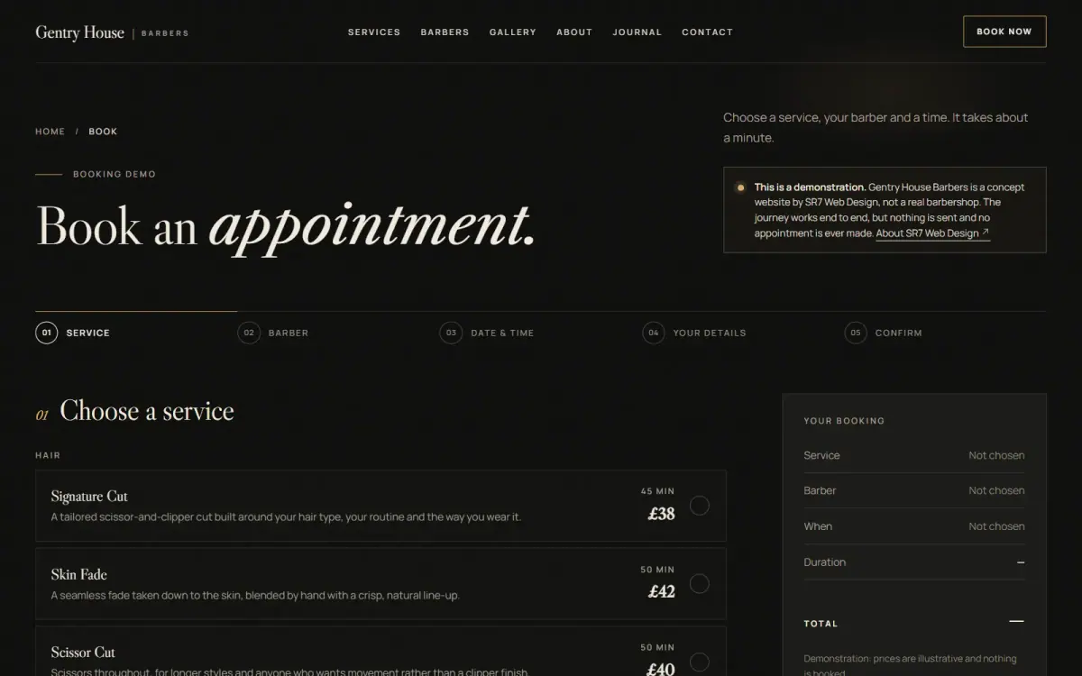 The booking demo on desktop: Book an appointment, a notice that this is a demonstration, and the five steps from service to confirm