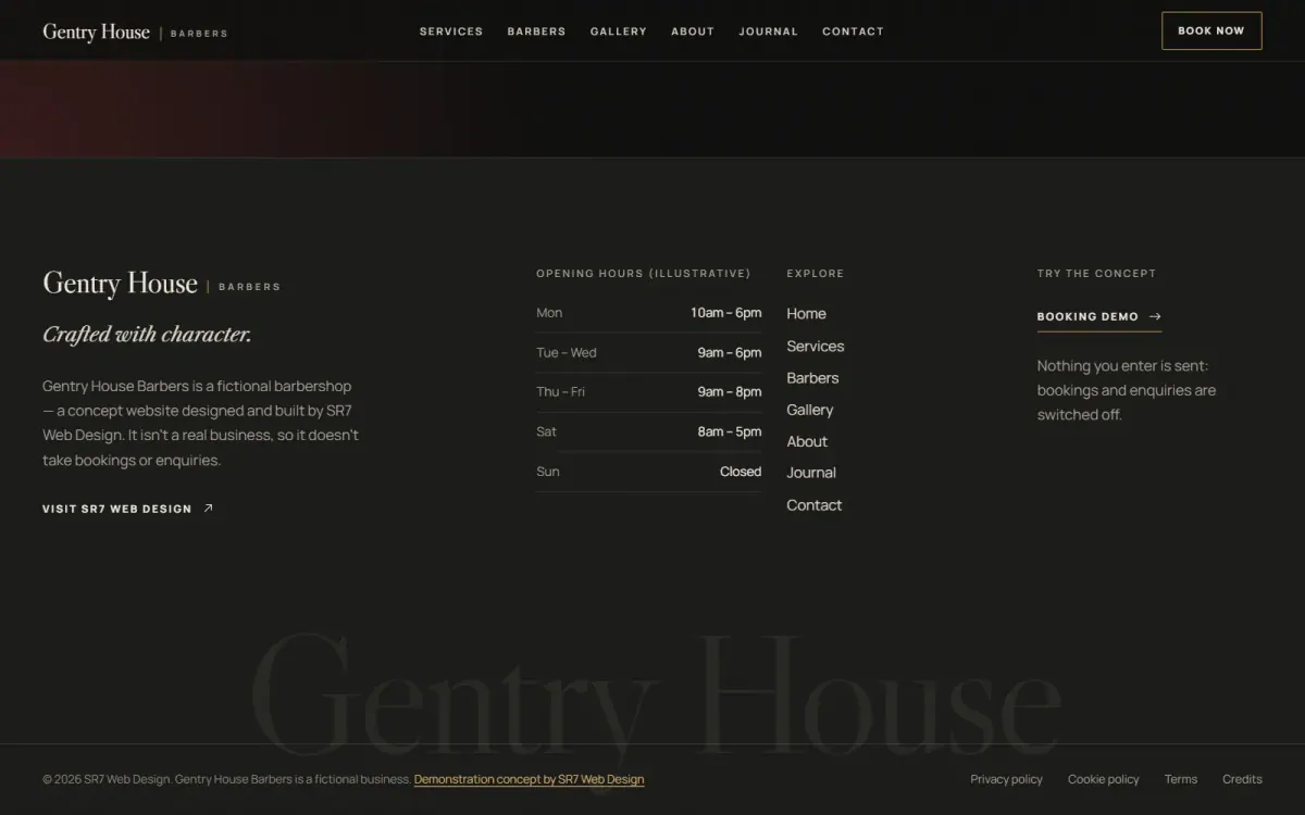 The Gentry House footer: illustrative opening hours, the fictional-business statement and the Demonstration project by SR7 Web Design credit