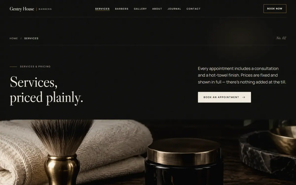 The Gentry House services page on desktop: Services, priced plainly. above a still life of a shaving brush, a brass-lidded jar and a folded towel