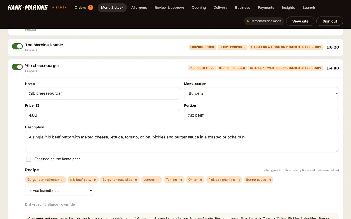 The Hank Marvins staff menu editor with a cheeseburger open: name, section, price, portion, description and a recipe built from allergen library ingredients