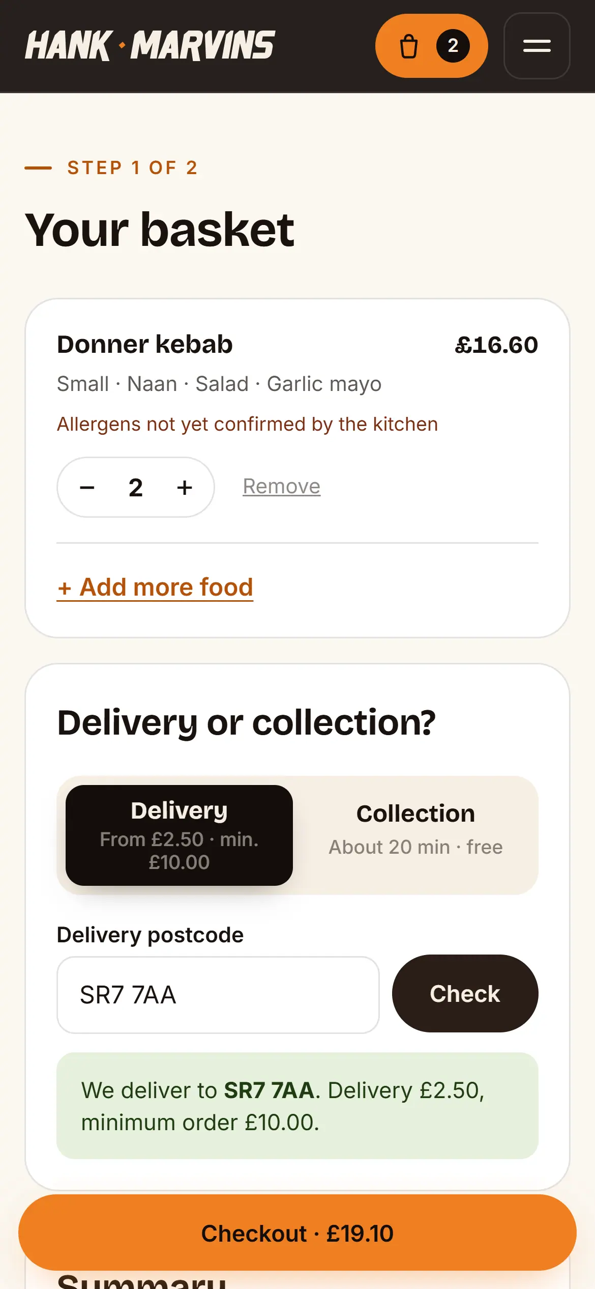 The basket on a phone: a donner kebab with its options and allergen status, and a postcode check confirming delivery to SR7 7AA with the fee and minimum