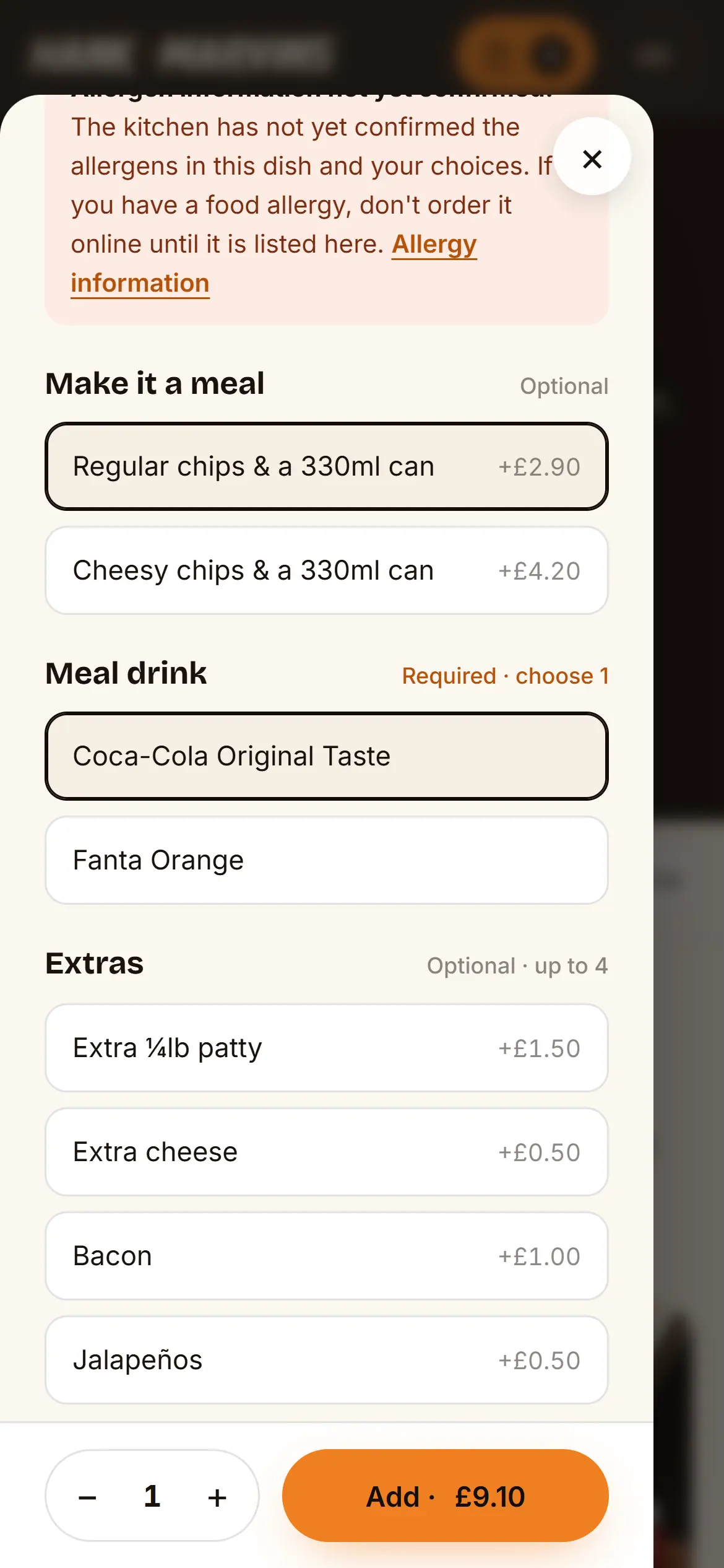 A burger opened on a phone, showing make-it-a-meal options, the meal drink and extras with their prices