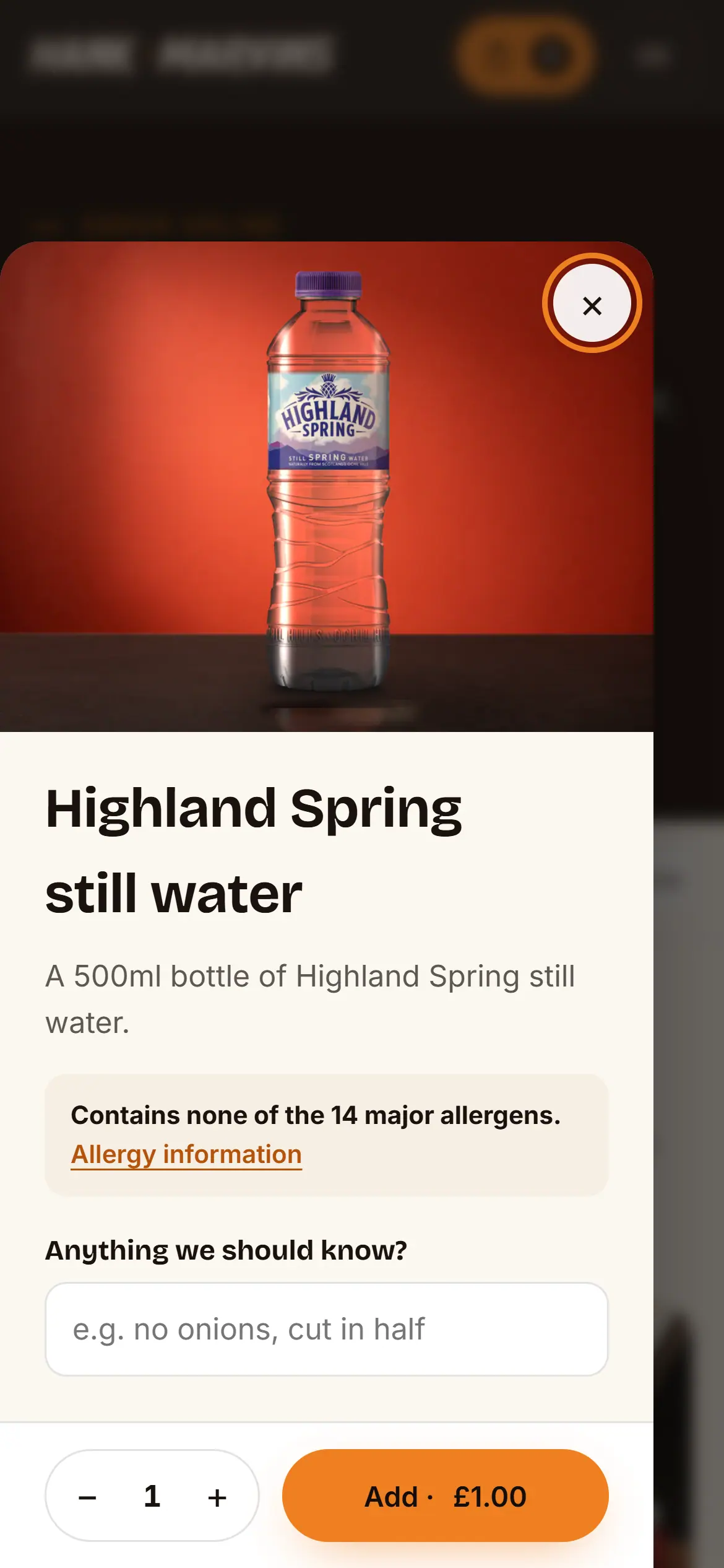 Highland Spring water opened on a phone, with the note that it contains none of the 14 major allergens