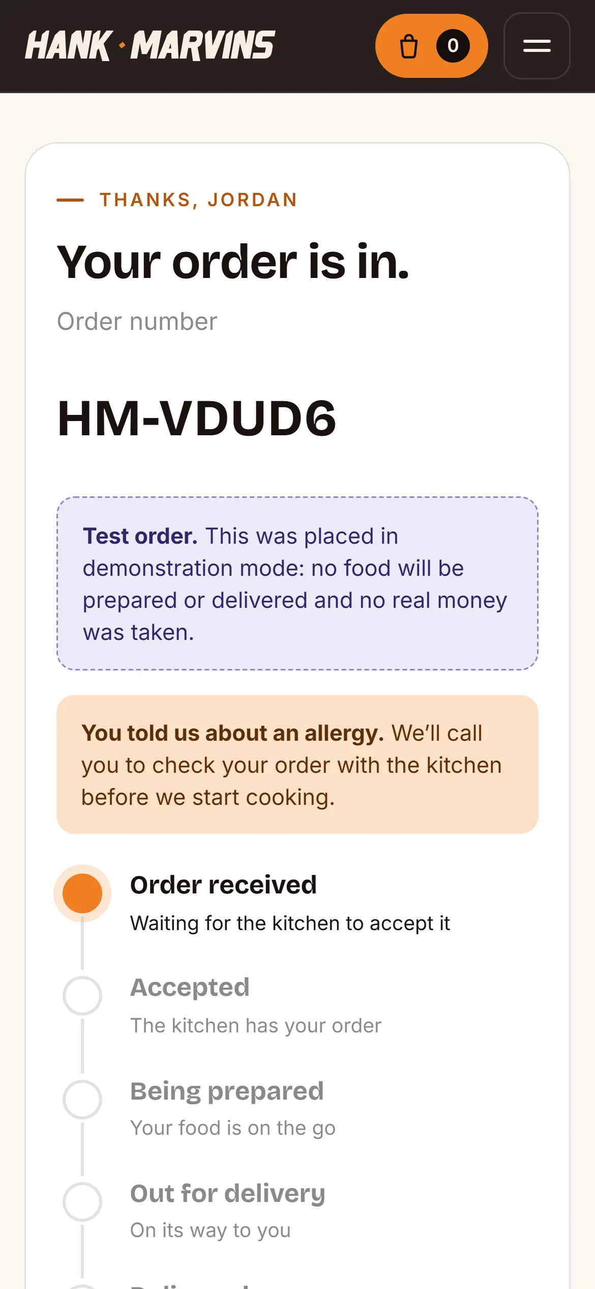 The order tracking page on a phone: the order number, a test order notice, an allergy call-back notice and the order progress steps