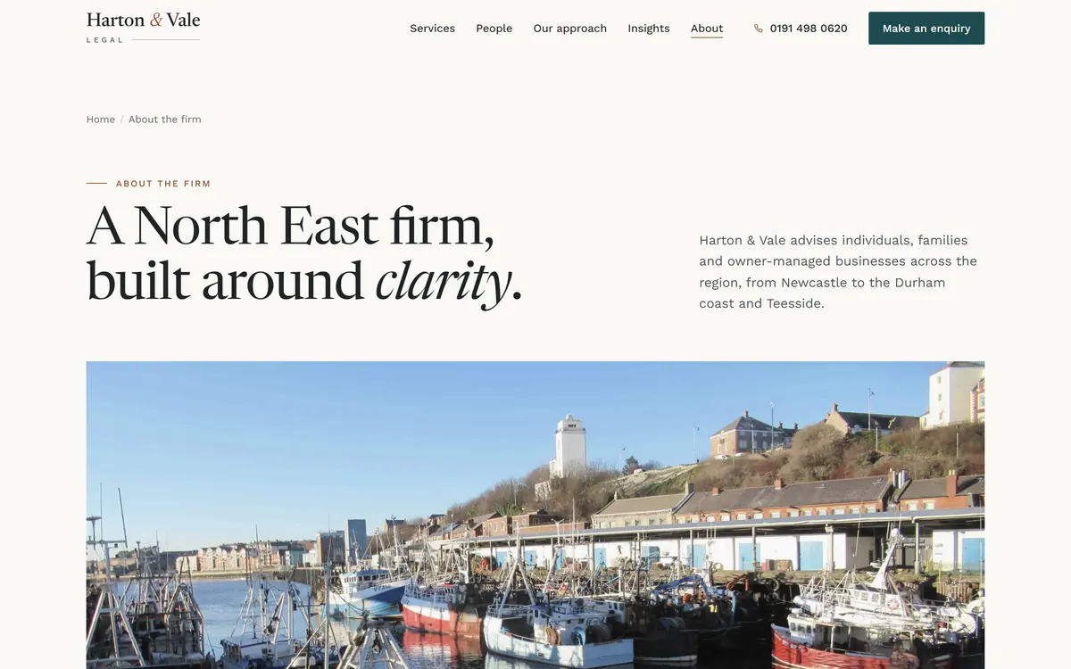 The Harton & Vale About page, headed A North East firm, built around clarity, above a wide photograph of the fishing fleet at North Shields Fish Quay