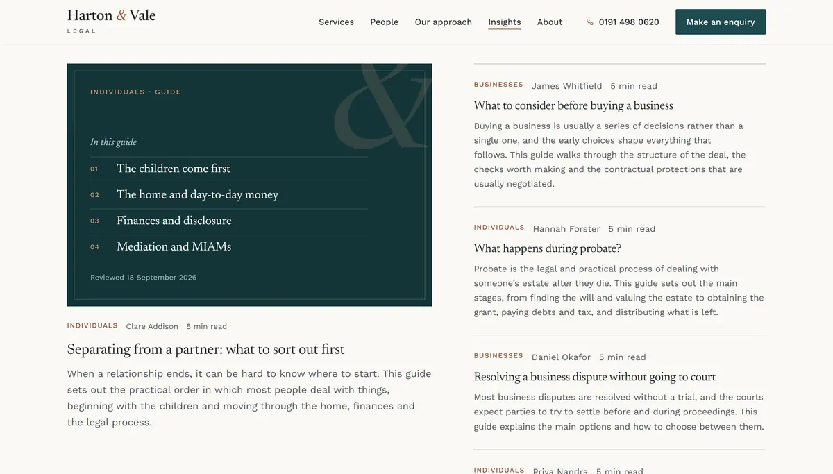 The Harton & Vale insights index: a deep teal plate listing the sections of the lead guide, beside a list of other guides with author and reading time
